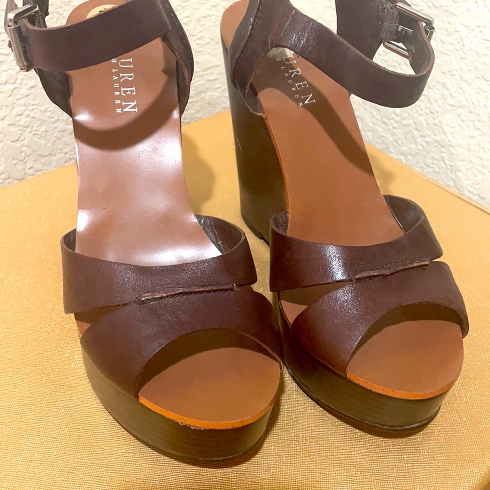 Ralph Lauren leather brown platform sandals with ankle buckle.